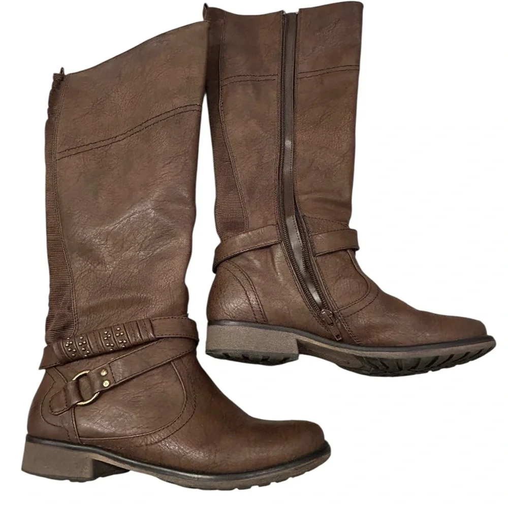 BareTraps‎ Sigourney Knee High Brown Tall Buckle Boots Zip Down 7M With Box